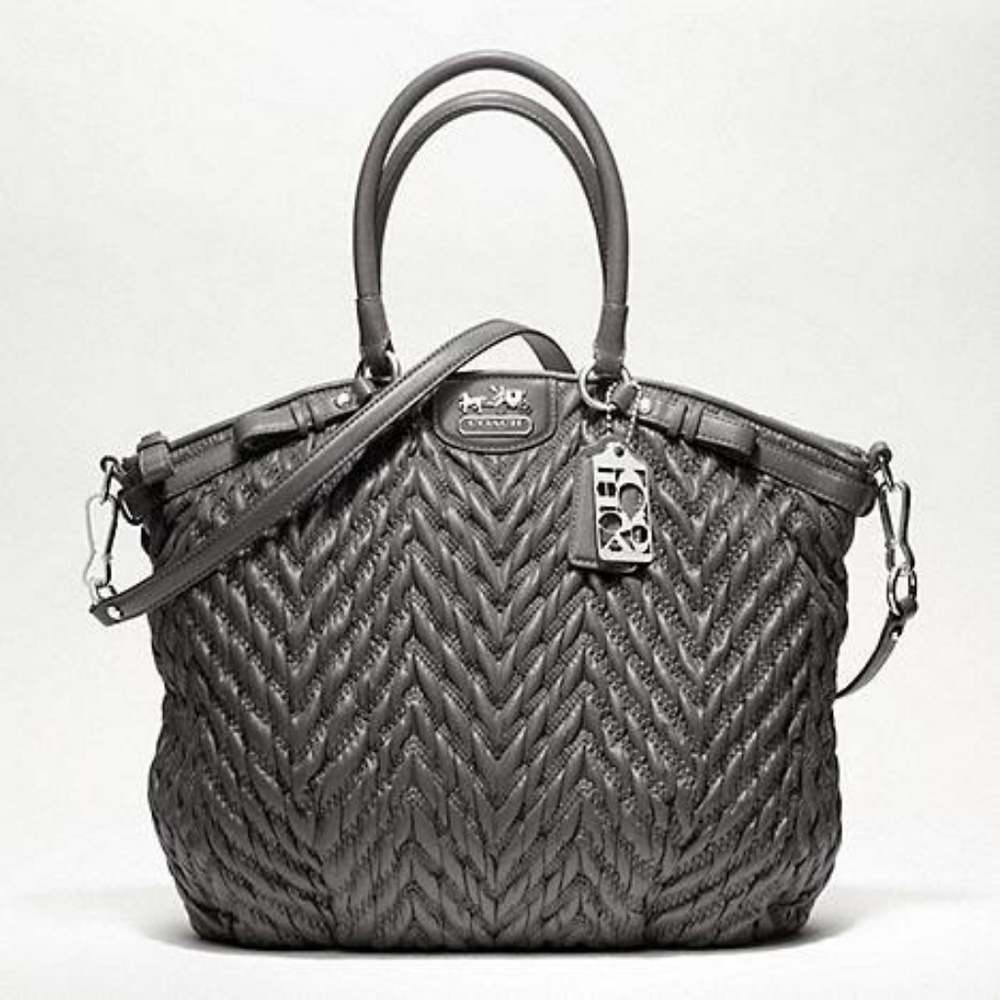 🩶 Coach Madison Nylon Quilted Chevron Lindsey Satchel Shoulder Bag Pewter Grey